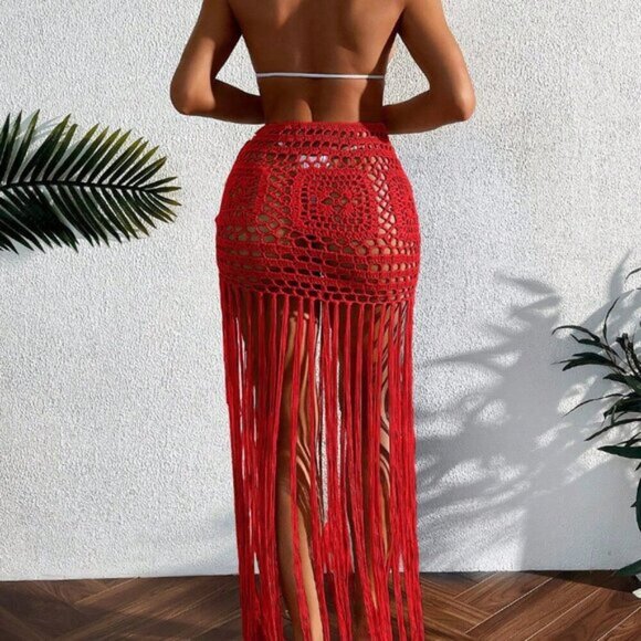 Red Boho Women's Hollow Out Woven Tassel Trim Cover-Up & Skirt - Picture 2 of 4